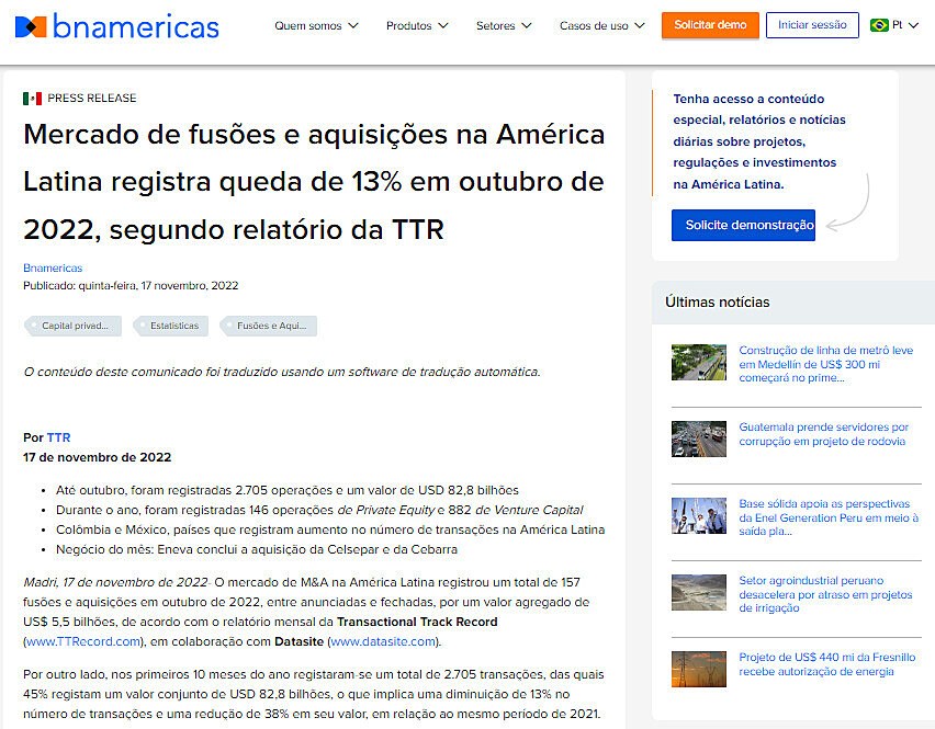 Mercado de fuses e aquisies na Amrica Latina registra queda de 13% em outubro de 2022, segundo relatrio da TTR